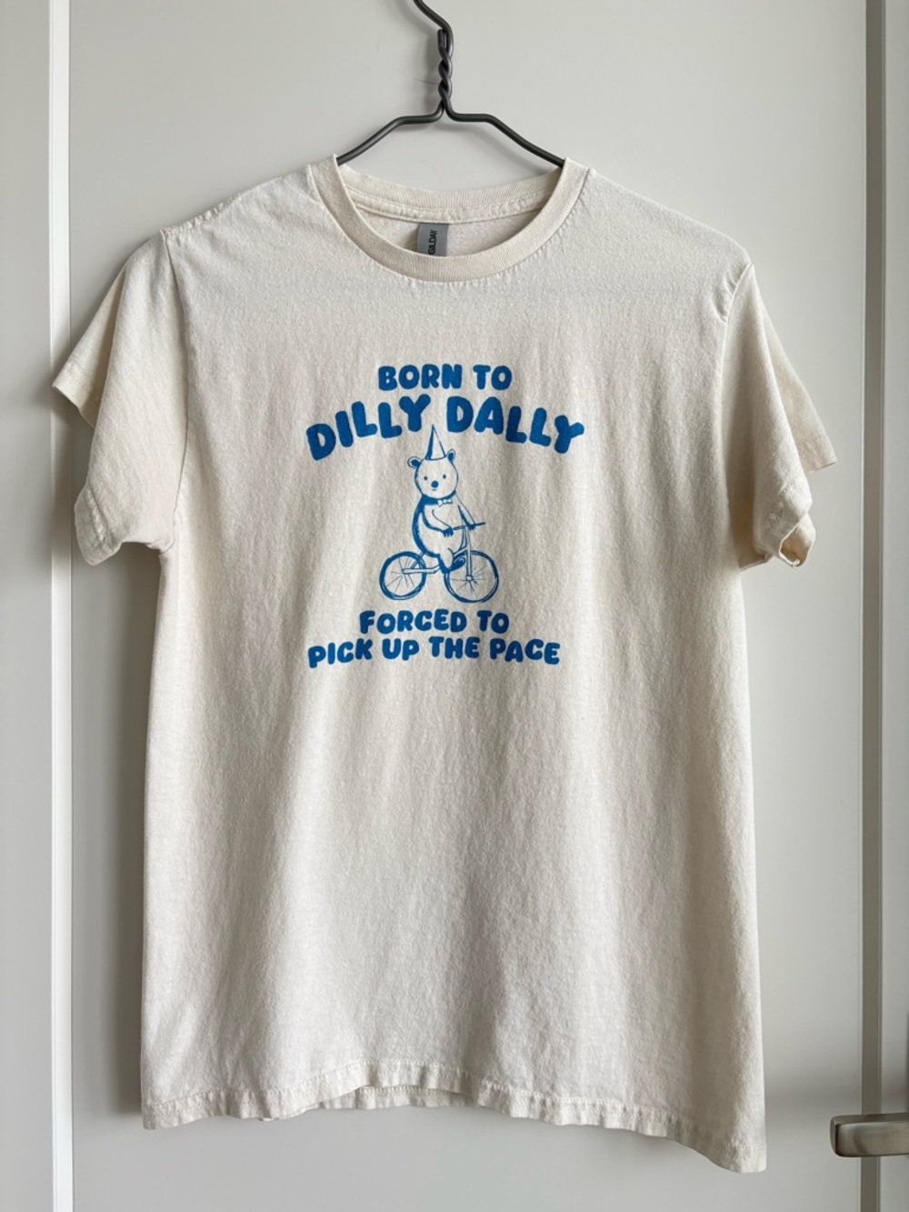 Cream Short-Sleeve Tee with Blue 'Born to Dilly Dally' Graphic